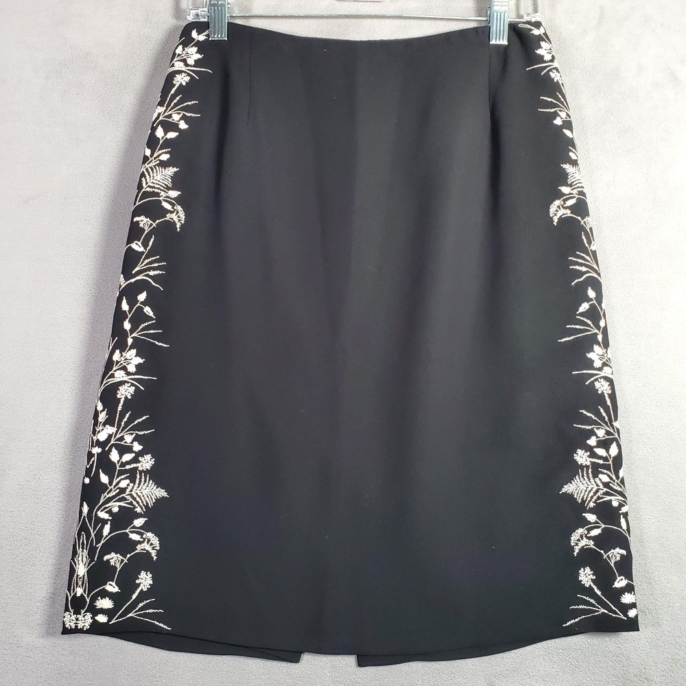 Maggy L Evening Pencil Skirt Womens 6 Black Floral Embroidery‎ Lined Slit Career